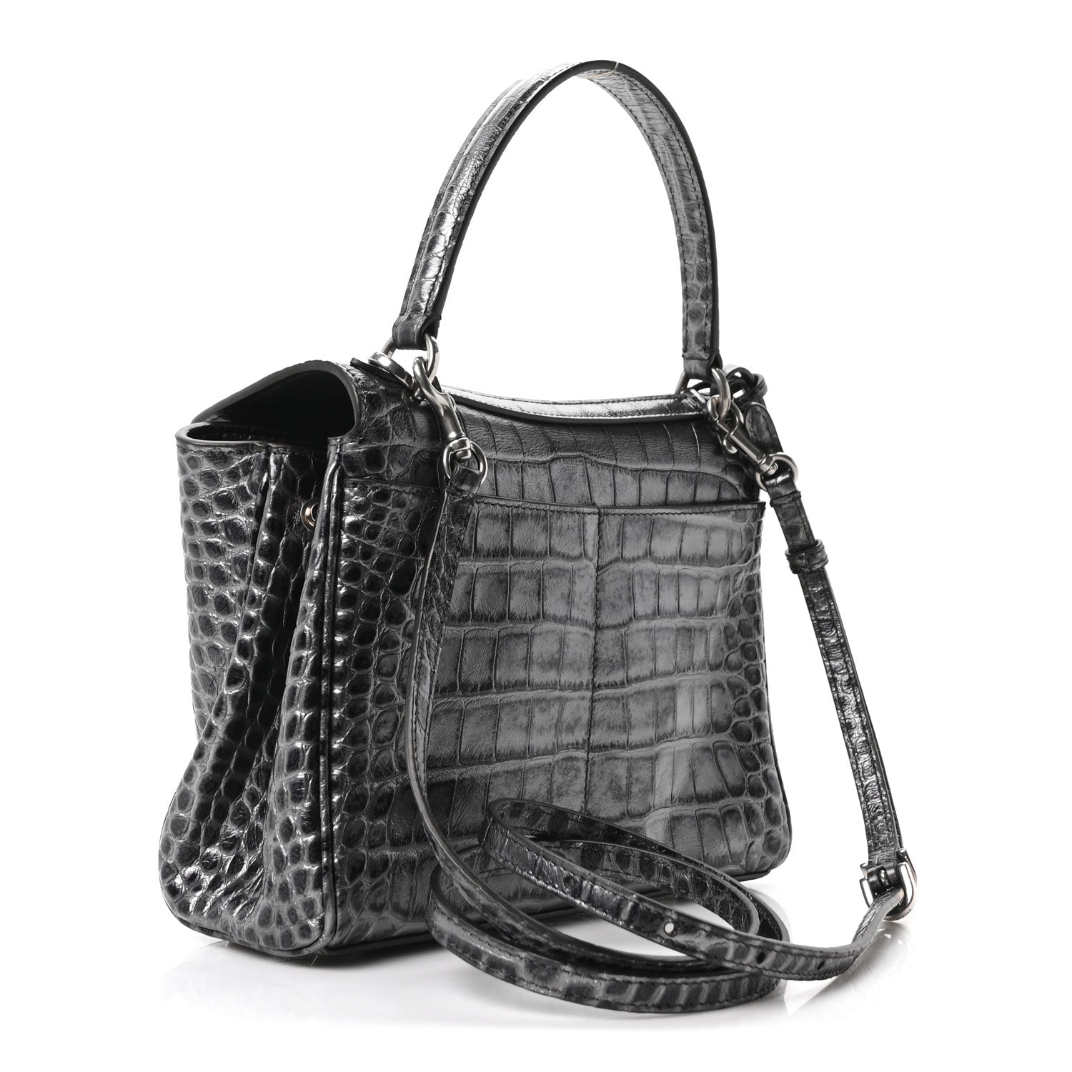 Balenciaga Metallized Calfskin Crocodile Embossed Mini Rodeo Top Handle Handbag Gunmetal 3 of 10