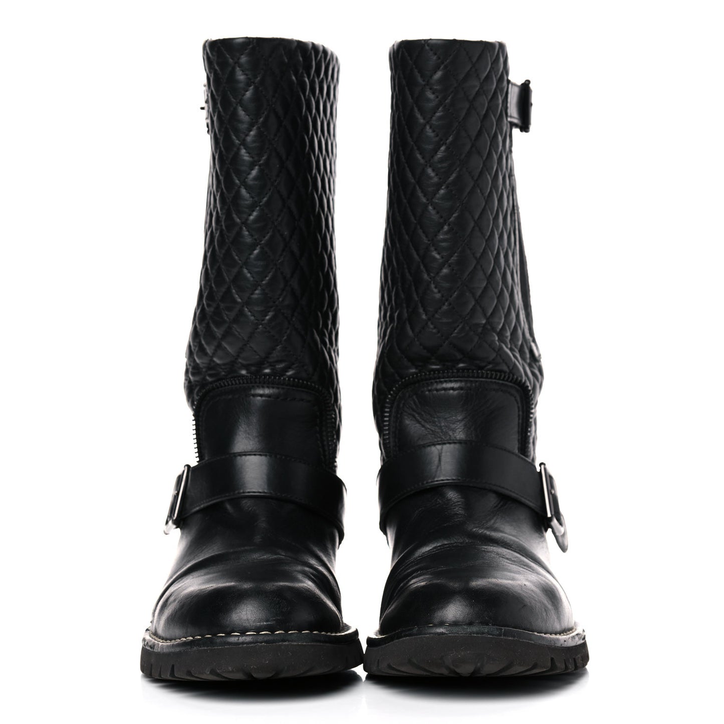 Calfskin Quilted Biker Boots 40.5 Black