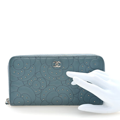 Chanel Lambskin Camellia Studded Medium Gusset Zip Around Wallet Light Blue 2 of 7