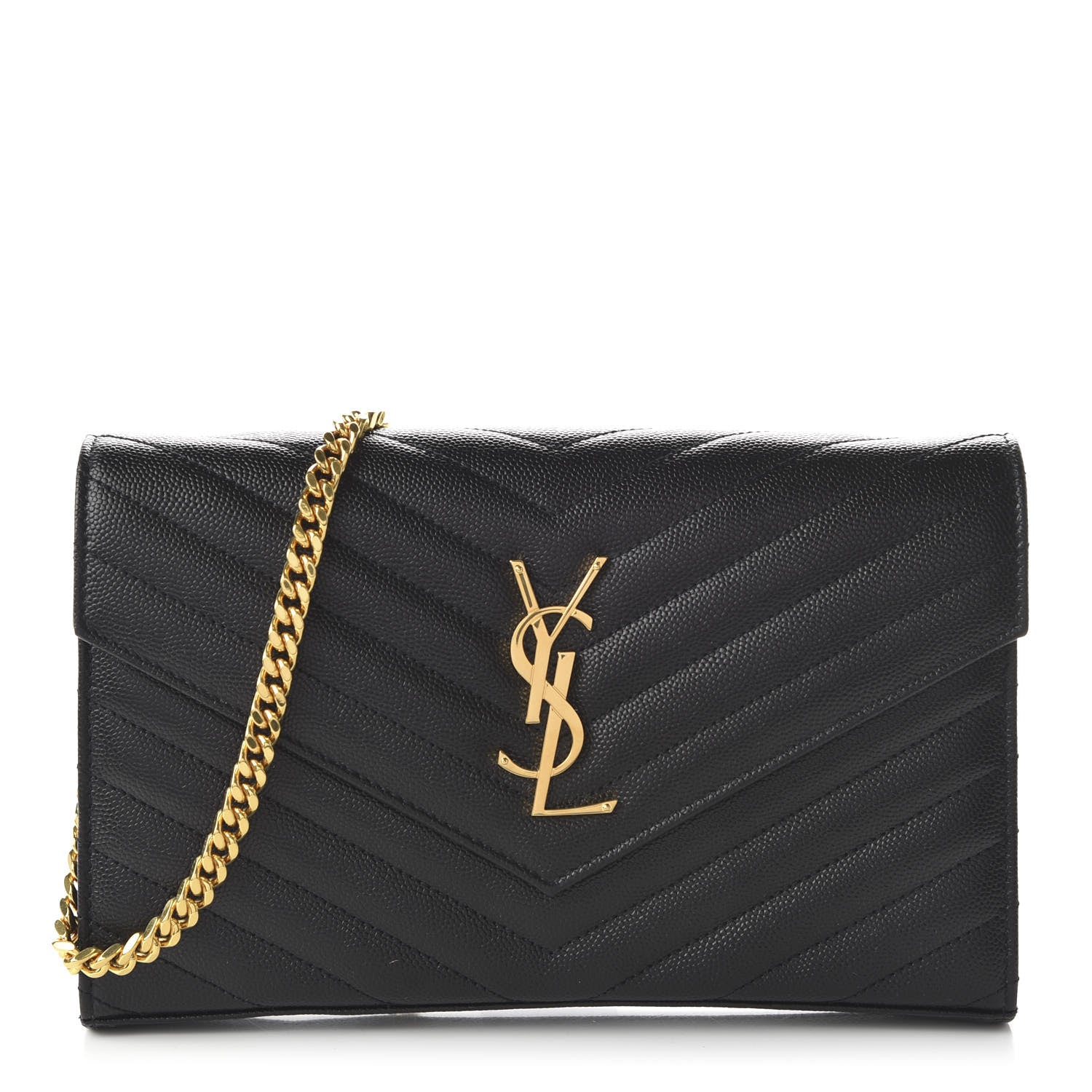 Saint Laurent Grain De Poudre Matelasse Chevron Monogram Chain Wallet Black 1 of 9