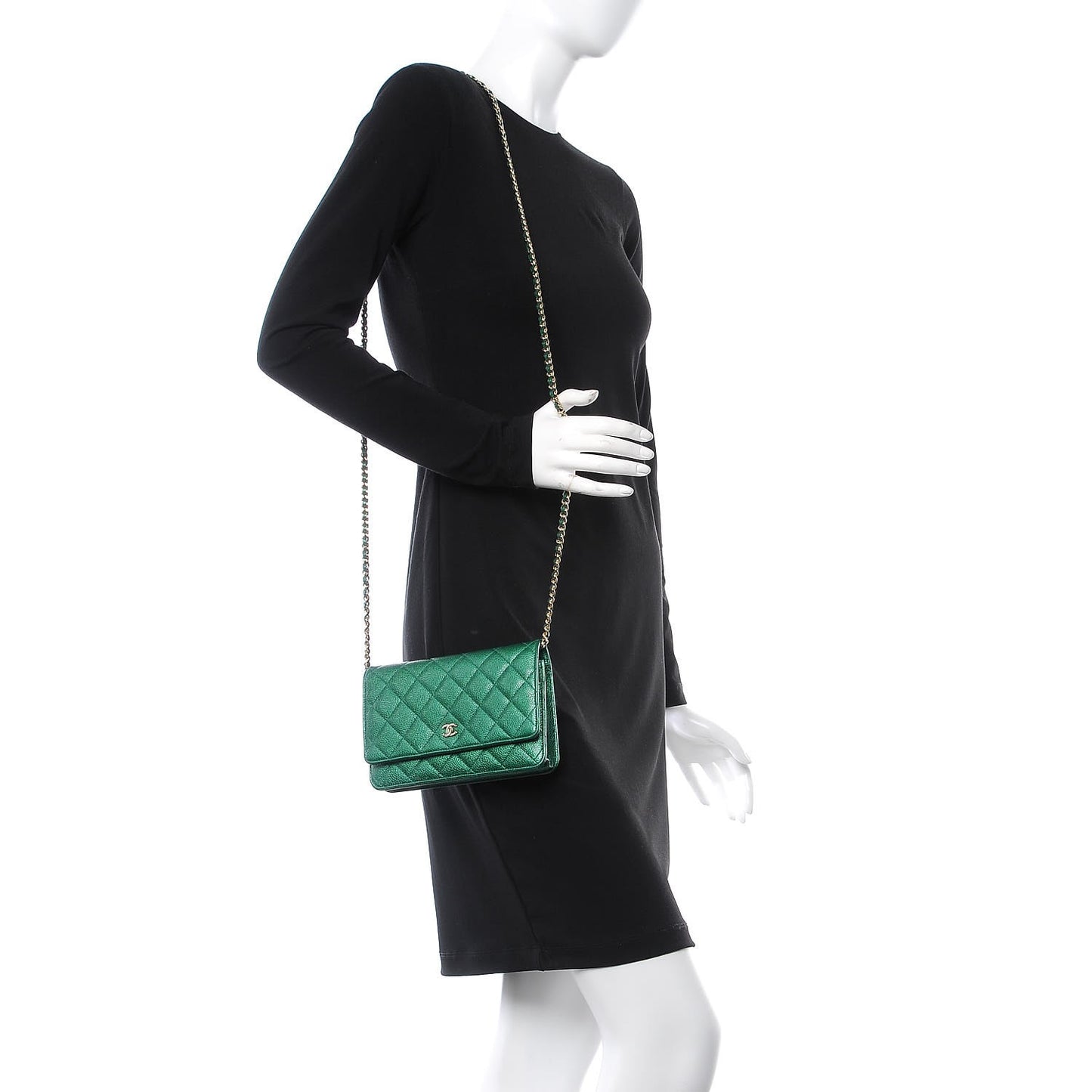 Metallic Caviar Quilted Wallet On Chain WOC Green