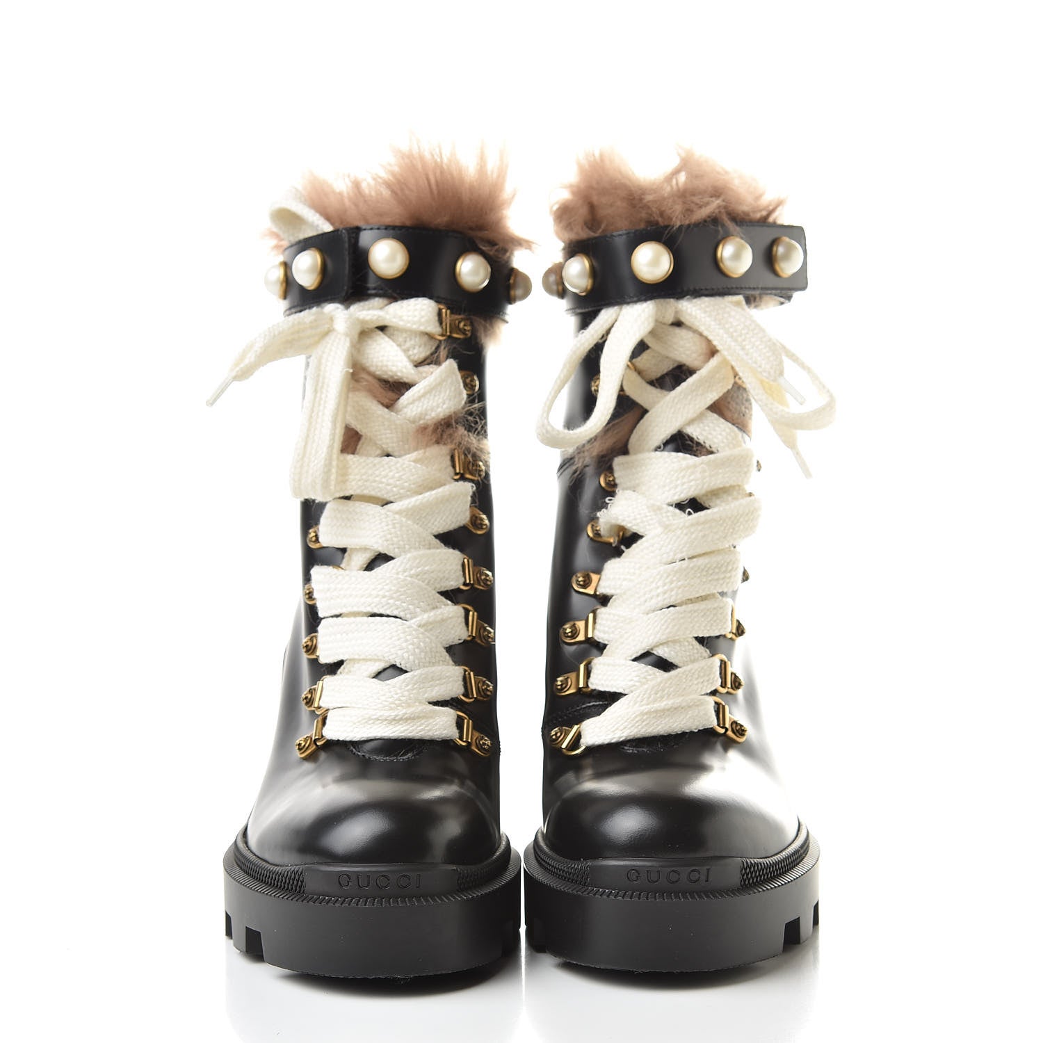 Gucci Magnum Calfskin Fur Pearl Lace Up Combat Ankle Boots 38.5 Black Naturale 2 of 10
