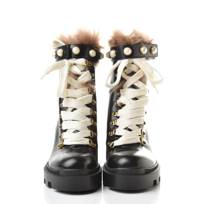 Gucci Magnum Calfskin Fur Pearl Lace Up Combat Ankle Boots 38.5 Black Naturale 2 of 10