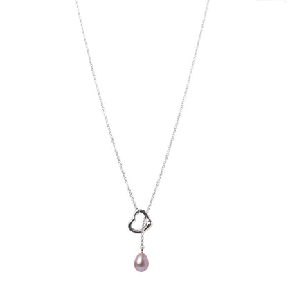 Tiffany Sterling Silver Pink Pearl 9-9.5mm Elsa Peretti Open Heart Lariat Necklace 1 of 8