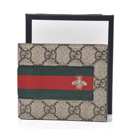 Gucci GG Supreme Monogram Selleria Calfskin Web Bee Embroidered New Web Bi-Fold Wallet Beige Ebony Cocoa 7 of 7