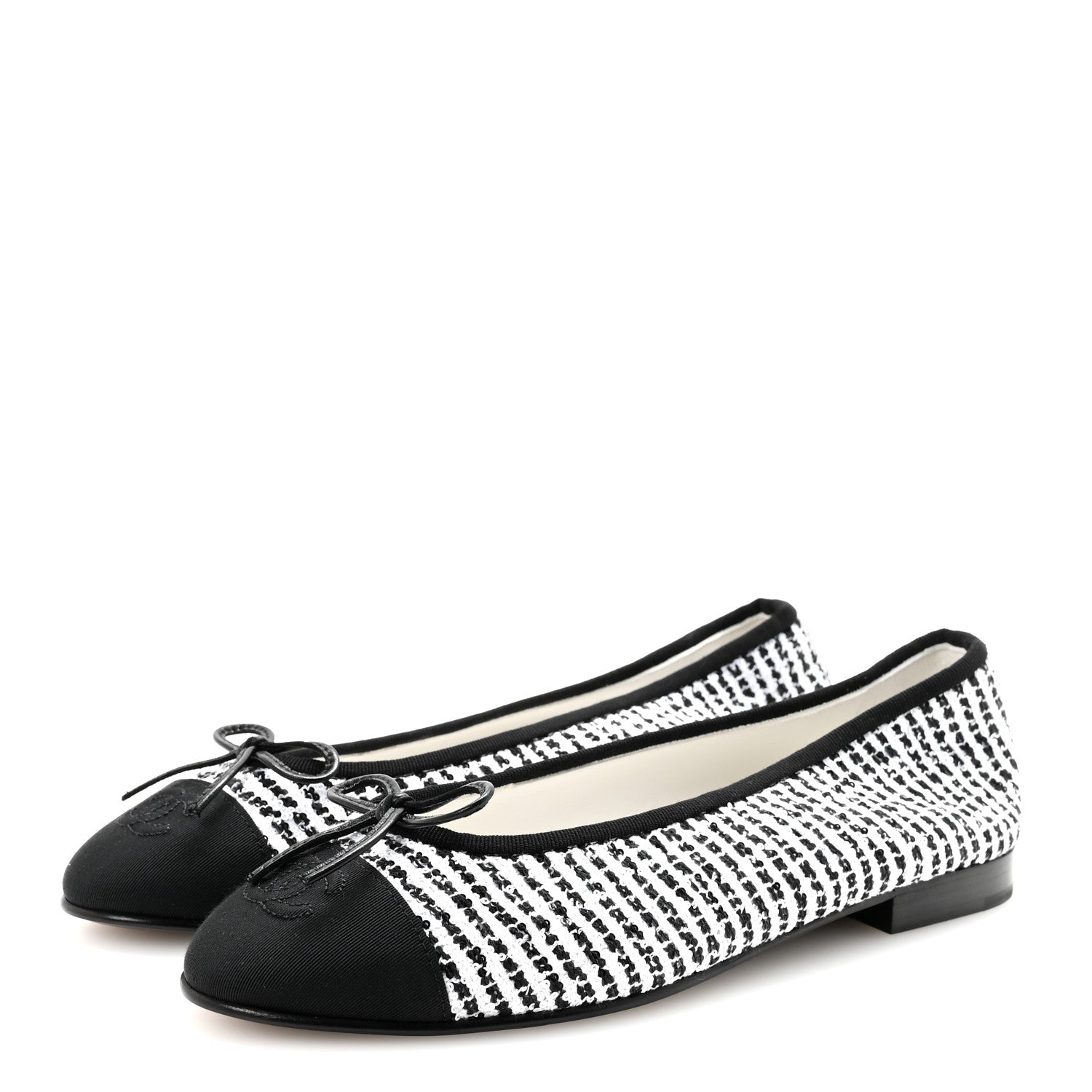 Chanel Tweed Sequin Grosgrain Cap Toe Ballerina Flats 39 Black White 4 of 9
