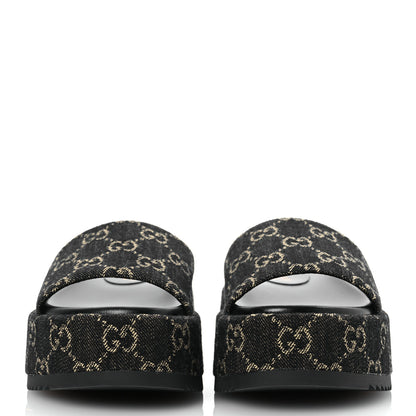 Gucci Jacquard Black Denim GG Monogram Angelina Platform 55mm Slide Sandals 35.5 Black Ivory 3 of 11