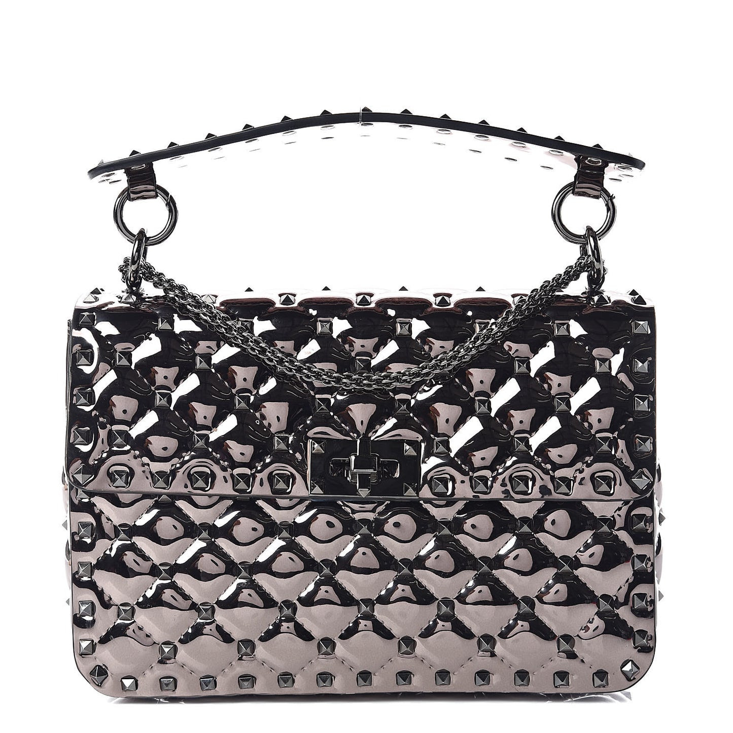 Metallic Patent Medium Rockstud Spike Shoulder Bag Rutenio