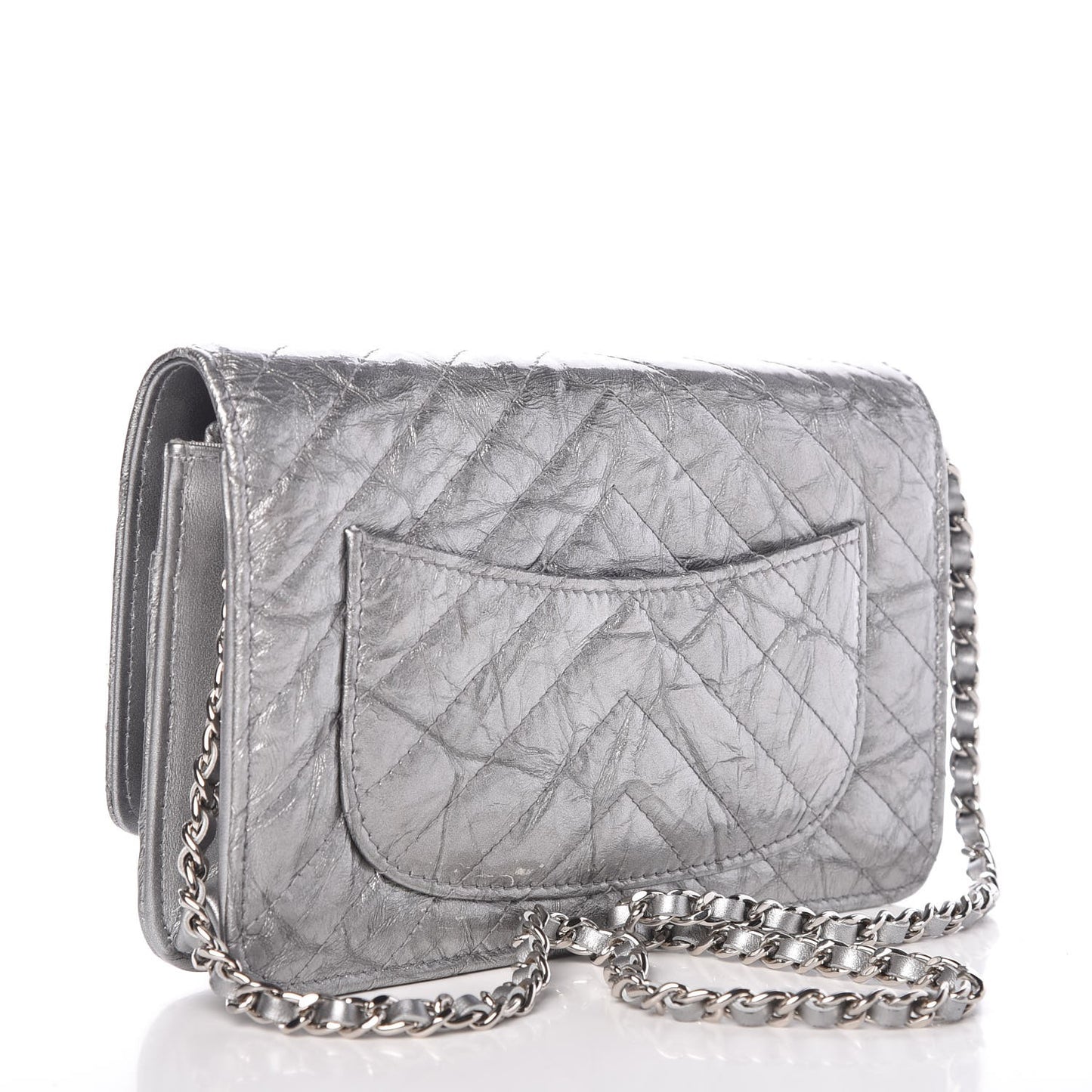 Patent Metallic Crumpled Calfskin Chevron Quilted Wallet On Chain WOC Silver