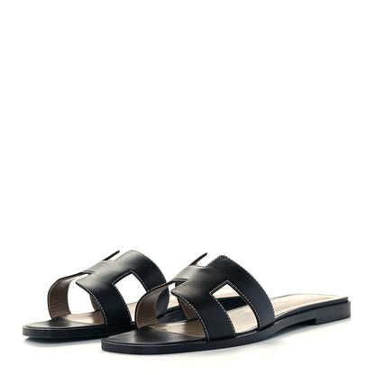 Hermes Box Calfskin Oran Sandals 38 Black 2 of 11