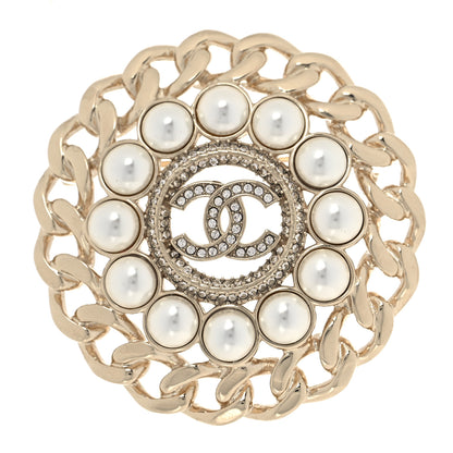 Chanel Crystal Chain Pearl Round CC Brooch Gold 1 of 4