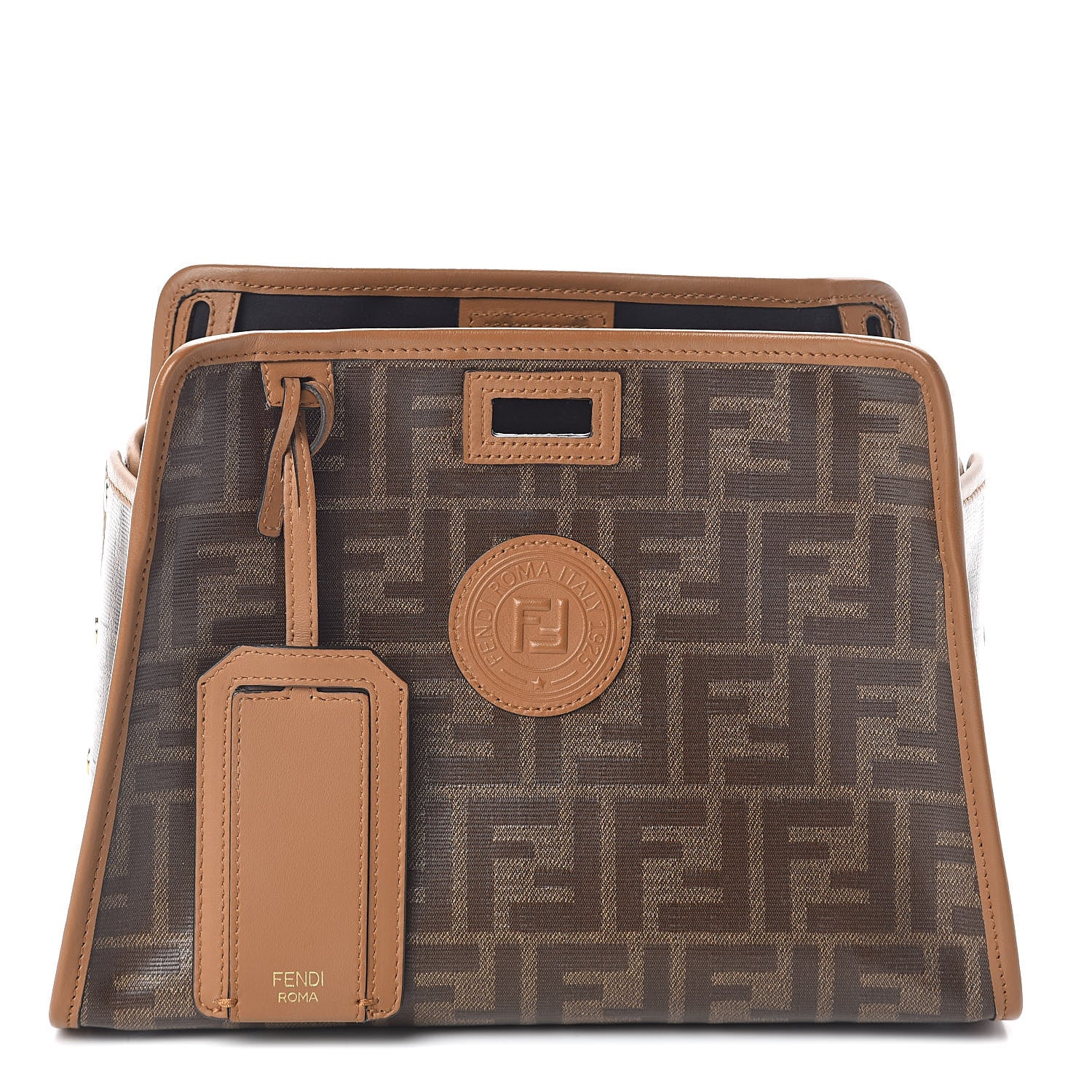 Fendi Glazed Fabric Vitello Century FF 1974 Stamp Patch Mini Peekaboo Defender Cover Mogano Panna Caramello 1 of 9