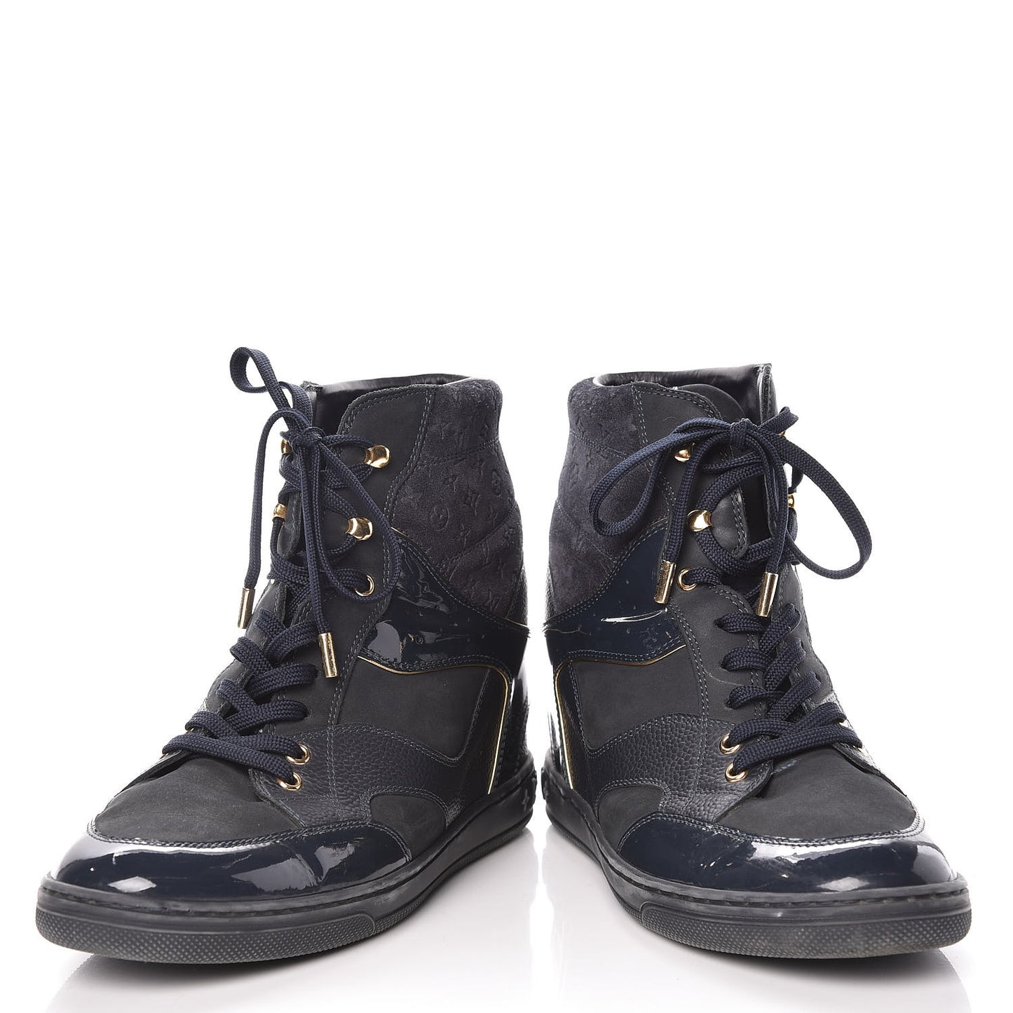 Calfskin Patent Suede Monogram Cliff Top Wedge Sneakers 41Navy