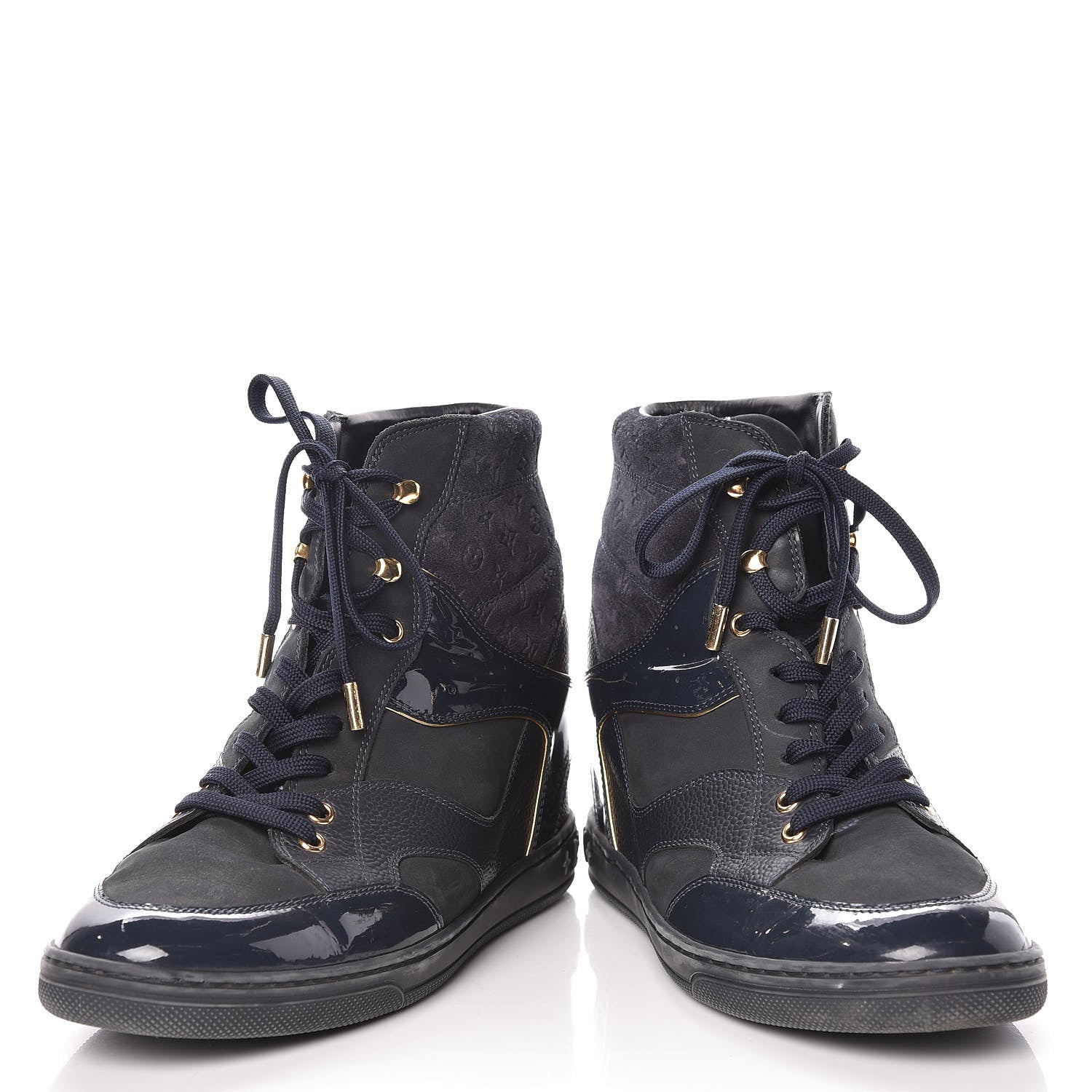 Louis Vuitton Calfskin Patent Suede Monogram Cliff Top Wedge Sneakers 41Navy 6 of 9