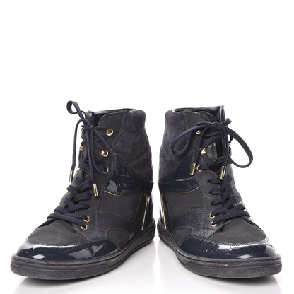 Louis Vuitton Calfskin Patent Suede Monogram Cliff Top Wedge Sneakers 41Navy 6 of 9