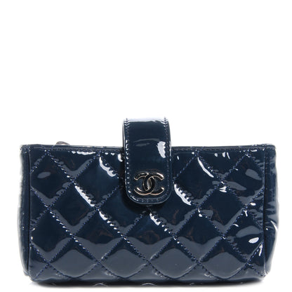 Chanel Patent Quilted Mini Phone Holder Clutch Dark Blue 1 of 8