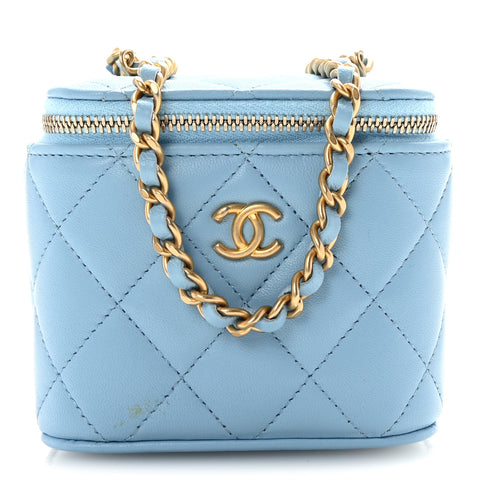 Lambskin Quilted Pearl Crush Mini Vanity Case With Chain Light Blue