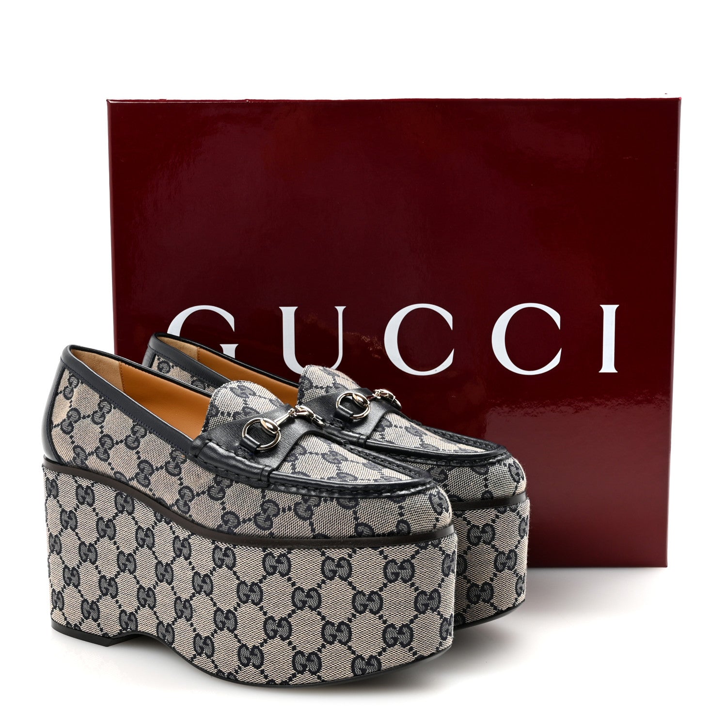 Gucci Canvas GG Monogram Horsebit Calfskin Womens Horsebit Platform Loafers 37.5 Beige Blue 10 of 10