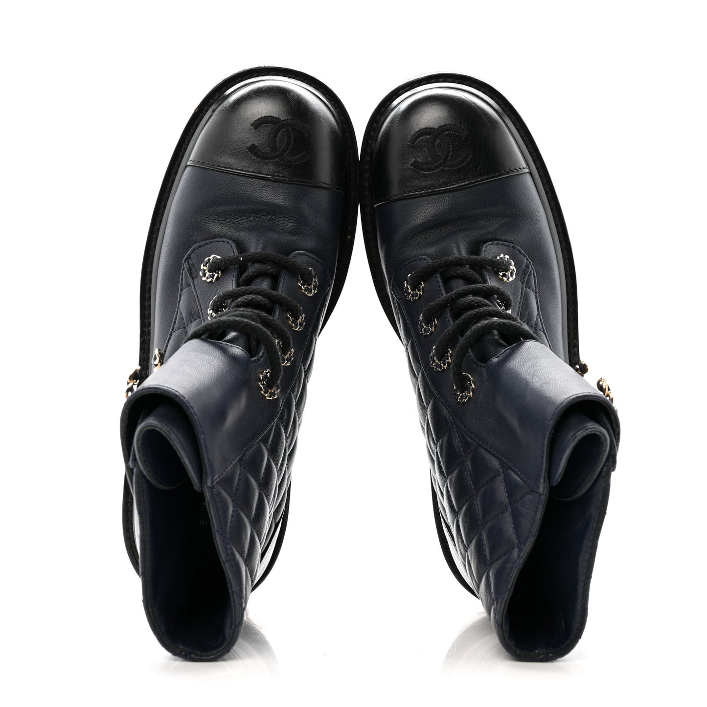 Shiny Lambskin Quilted Lace Up Combat Boots 36.5 Navy Black
