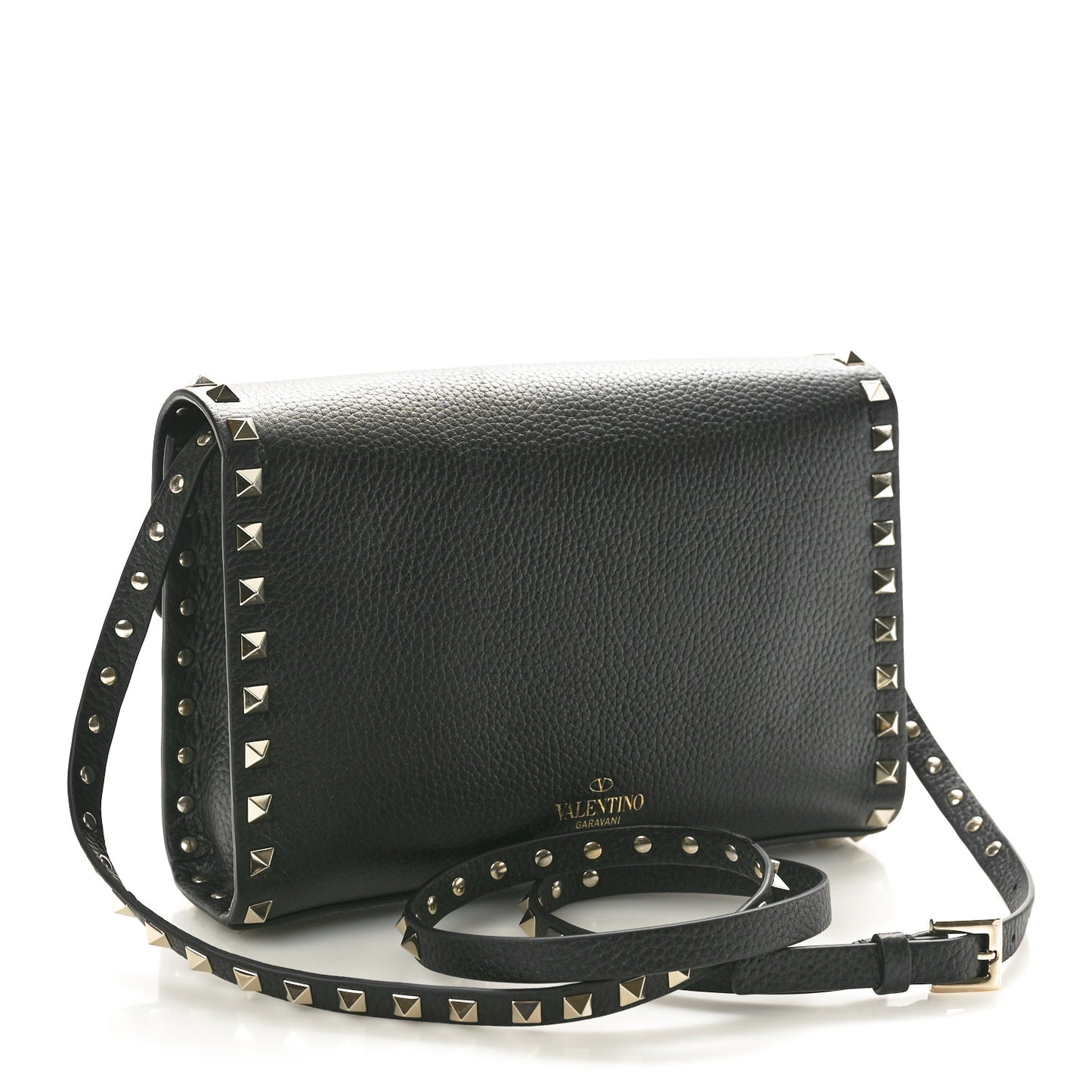 Pebbled Calfskin Medium Rockstud Flip Lock Crossbody Bag Black