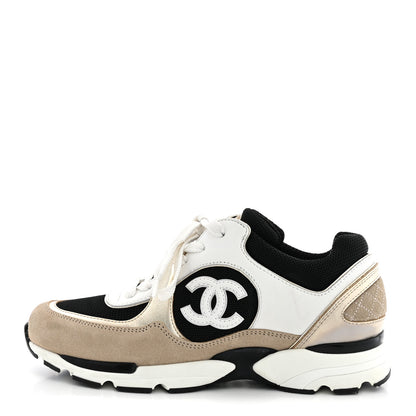 Chanel Mesh Suede Calfskin Grained Calfskin Womens CC Sneakers 38 White Black Beige Gold 1 of 9