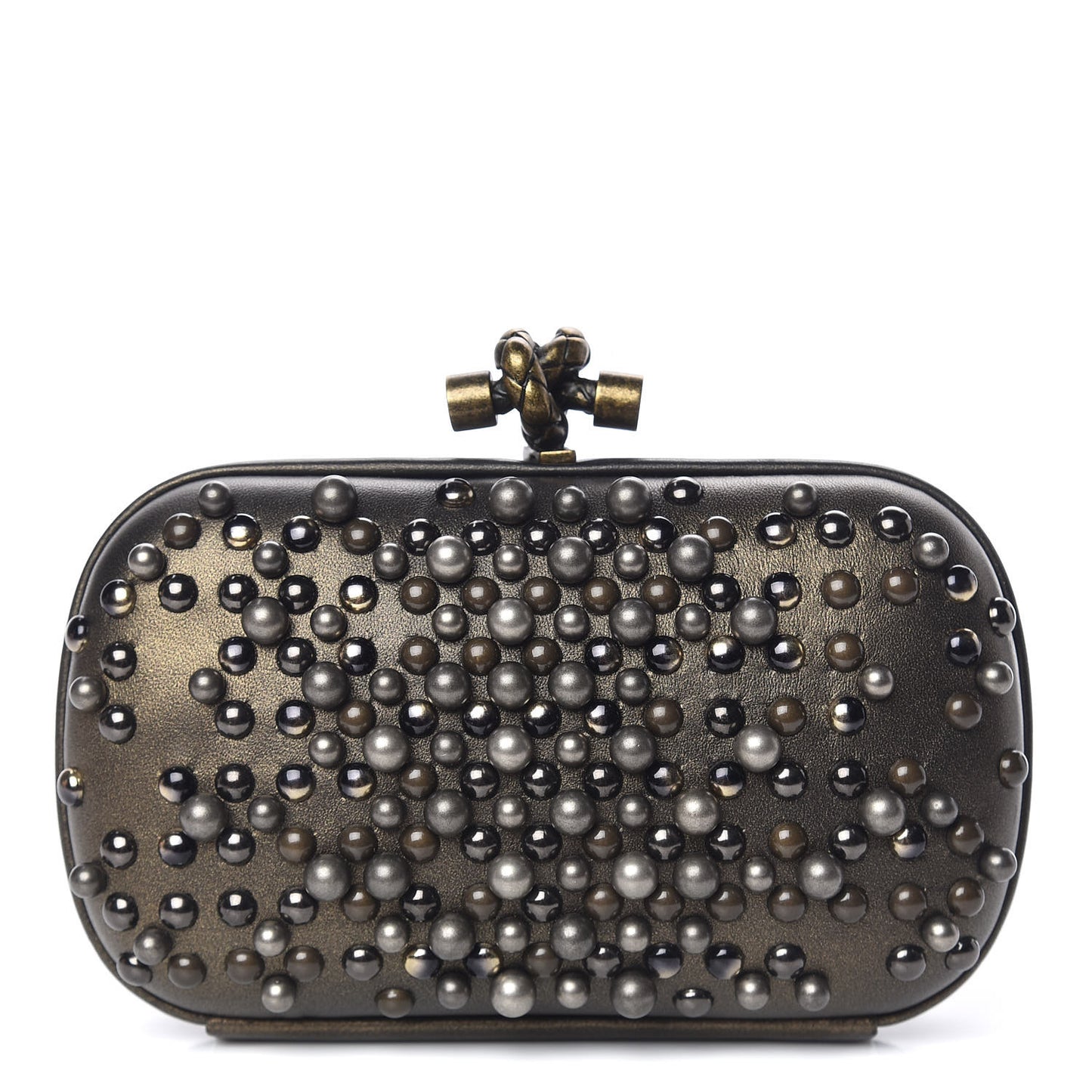 Nappa Pearl Embellished Knot Studded Clutch Gold