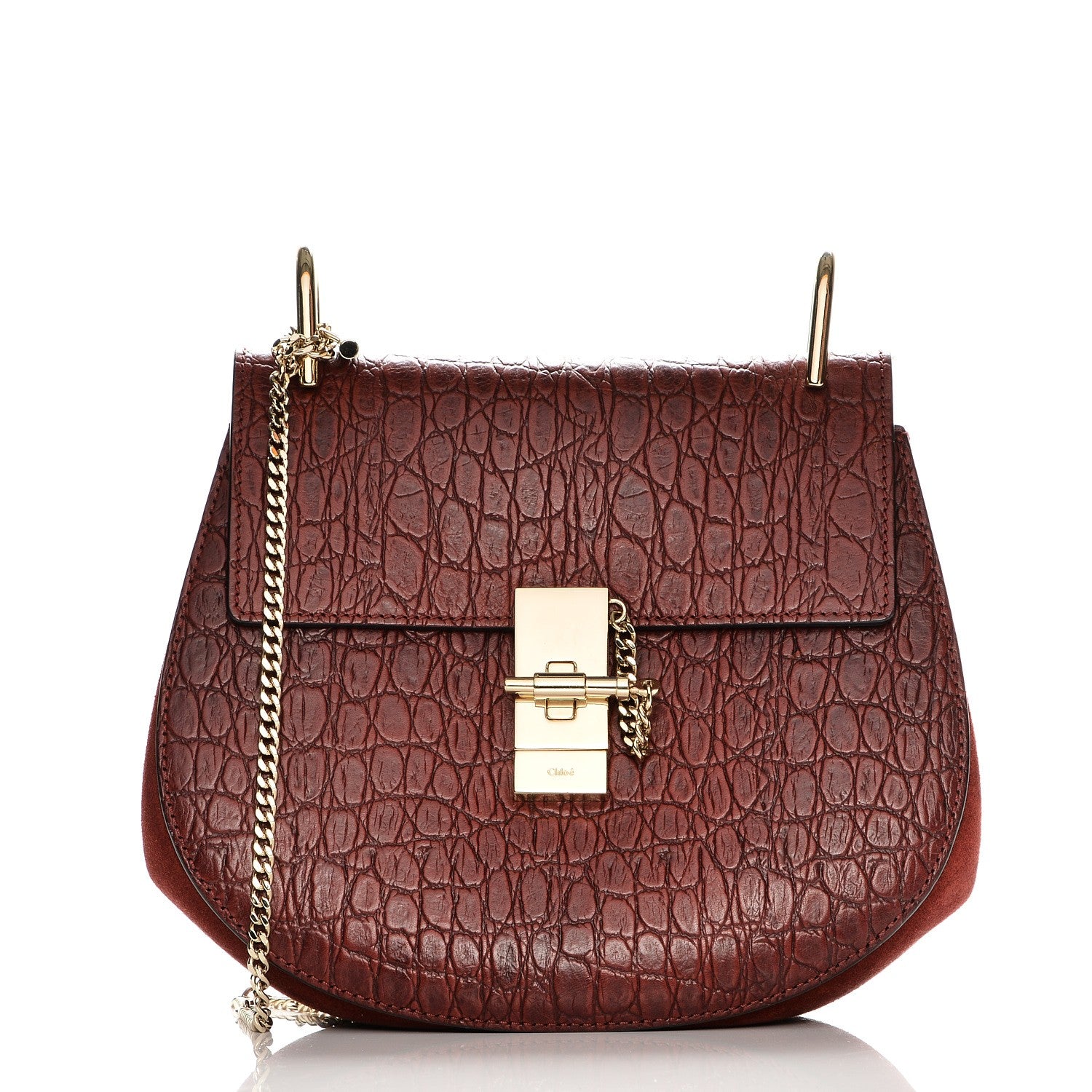 Chloe Calfskin Crocodile Embossed Drew Shoulder Bag Sienna Red 1 of 8