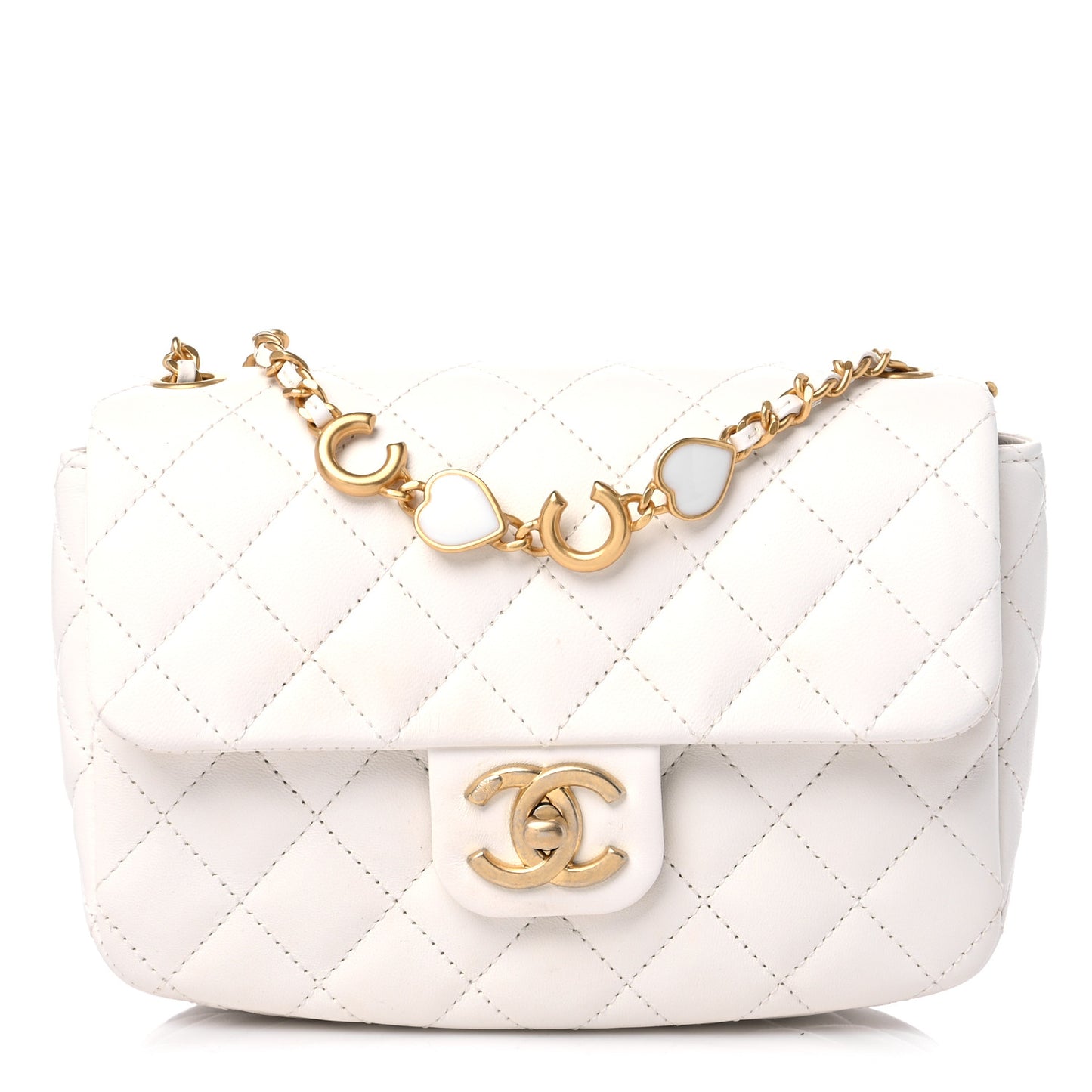 Lambskin Enamel Quilted Small Coco Hearts Square Flap White