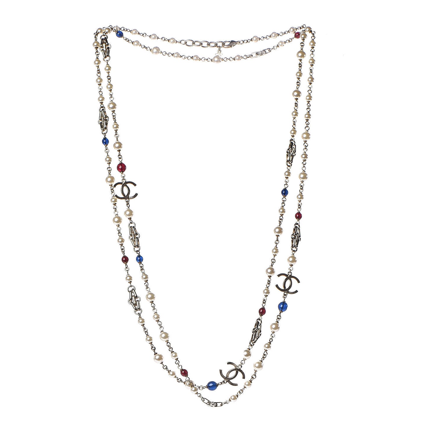 Pearl Bead CC Long Necklace Gold Red Blue