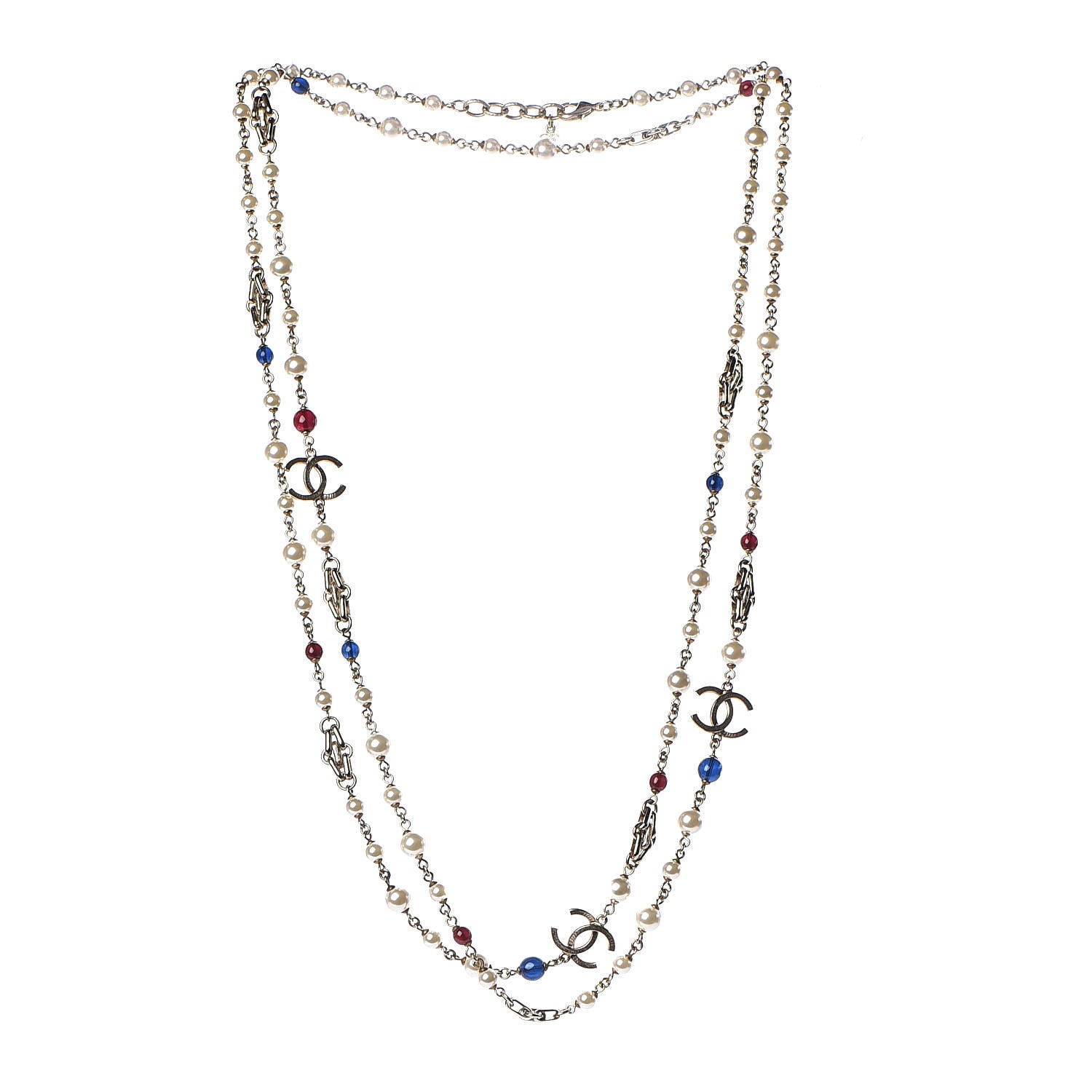 Chanel Pearl Bead CC Long Necklace Gold Red Blue 3 of 6