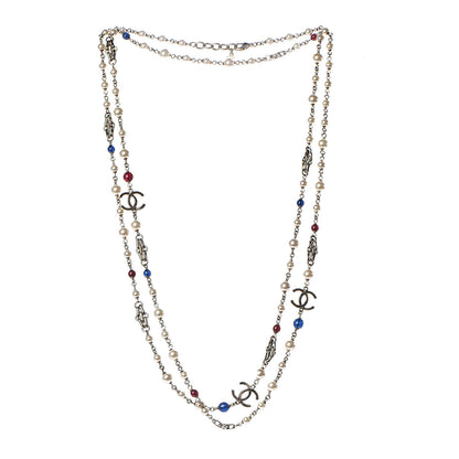 Chanel Pearl Bead CC Long Necklace Gold Red Blue 3 of 6