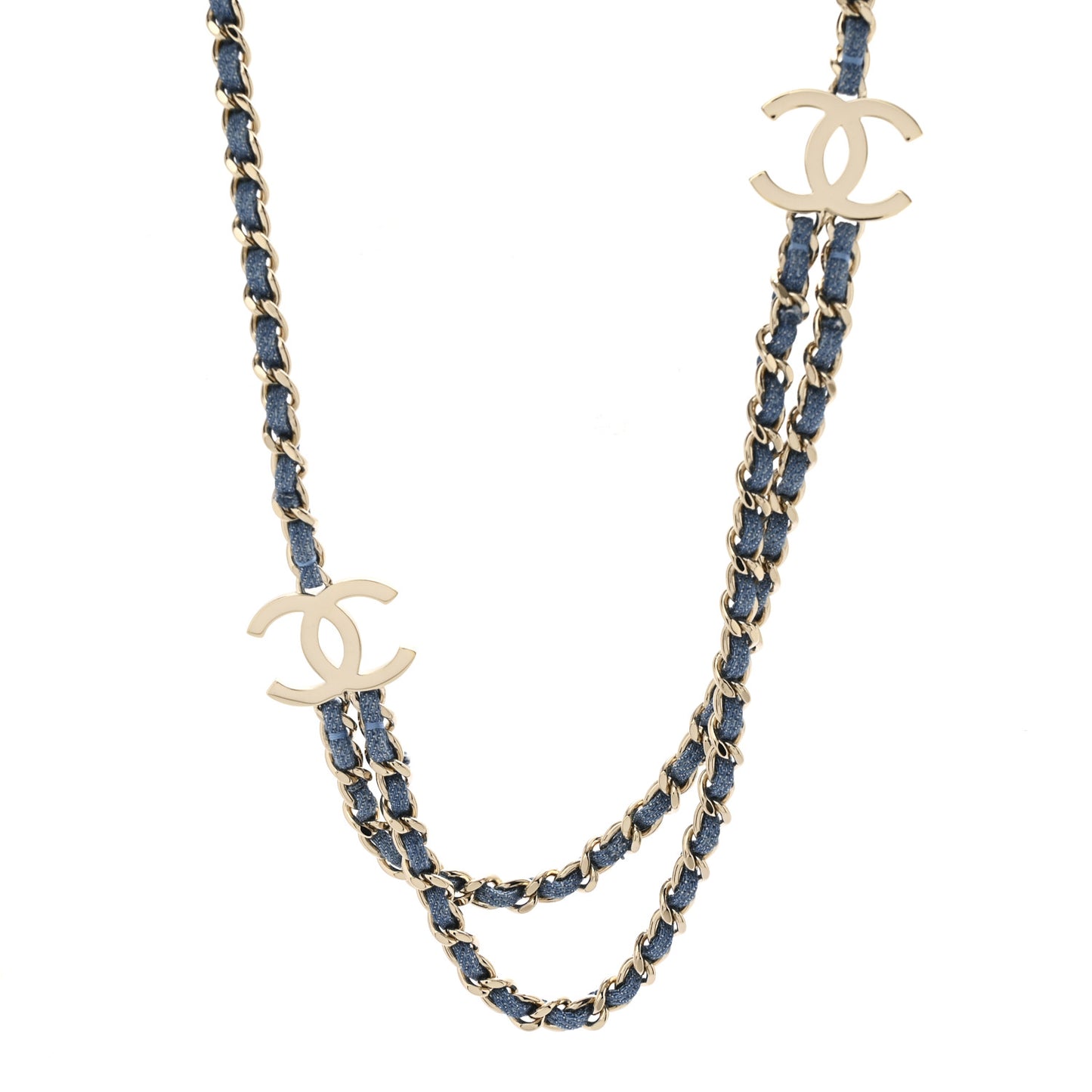 Metal Denim CC Double Chain Long Necklace Blue Gold