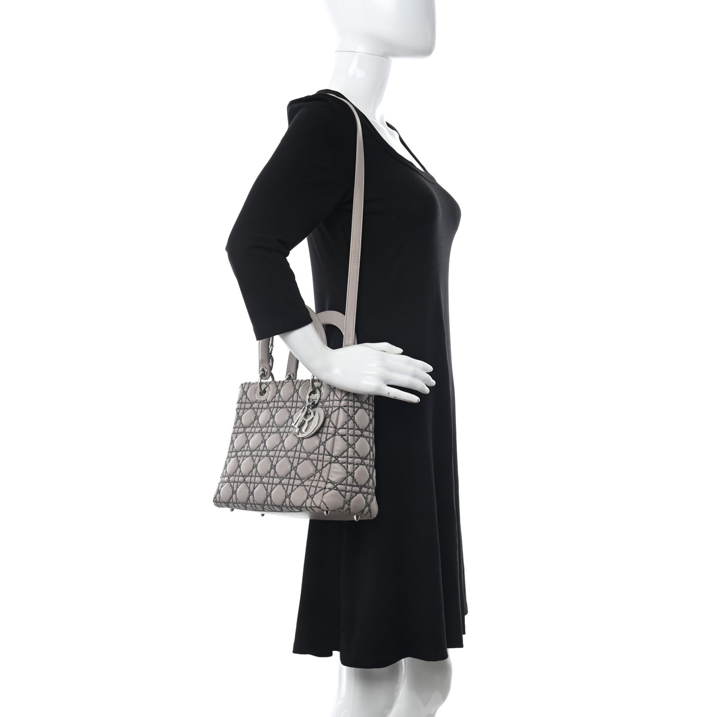 Lambskin Metallic Stitched Cannage Medium Lady Dior Grey Silver
