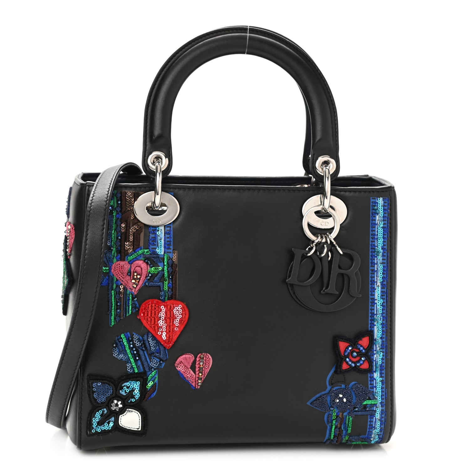 Christian Dior Smooth Calfskin Embroidered Beaded Floral Medium Lady Dior Black 1 of 9