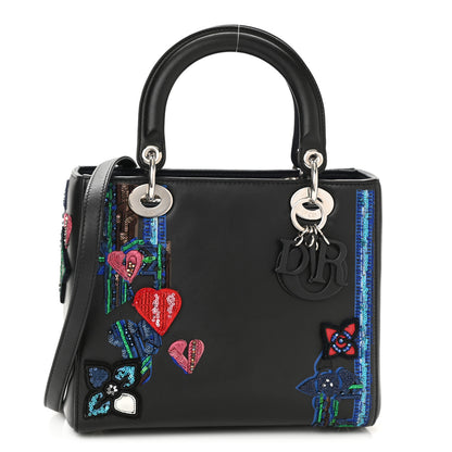 Christian Dior Smooth Calfskin Embroidered Beaded Floral Medium Lady Dior Black 1 of 9