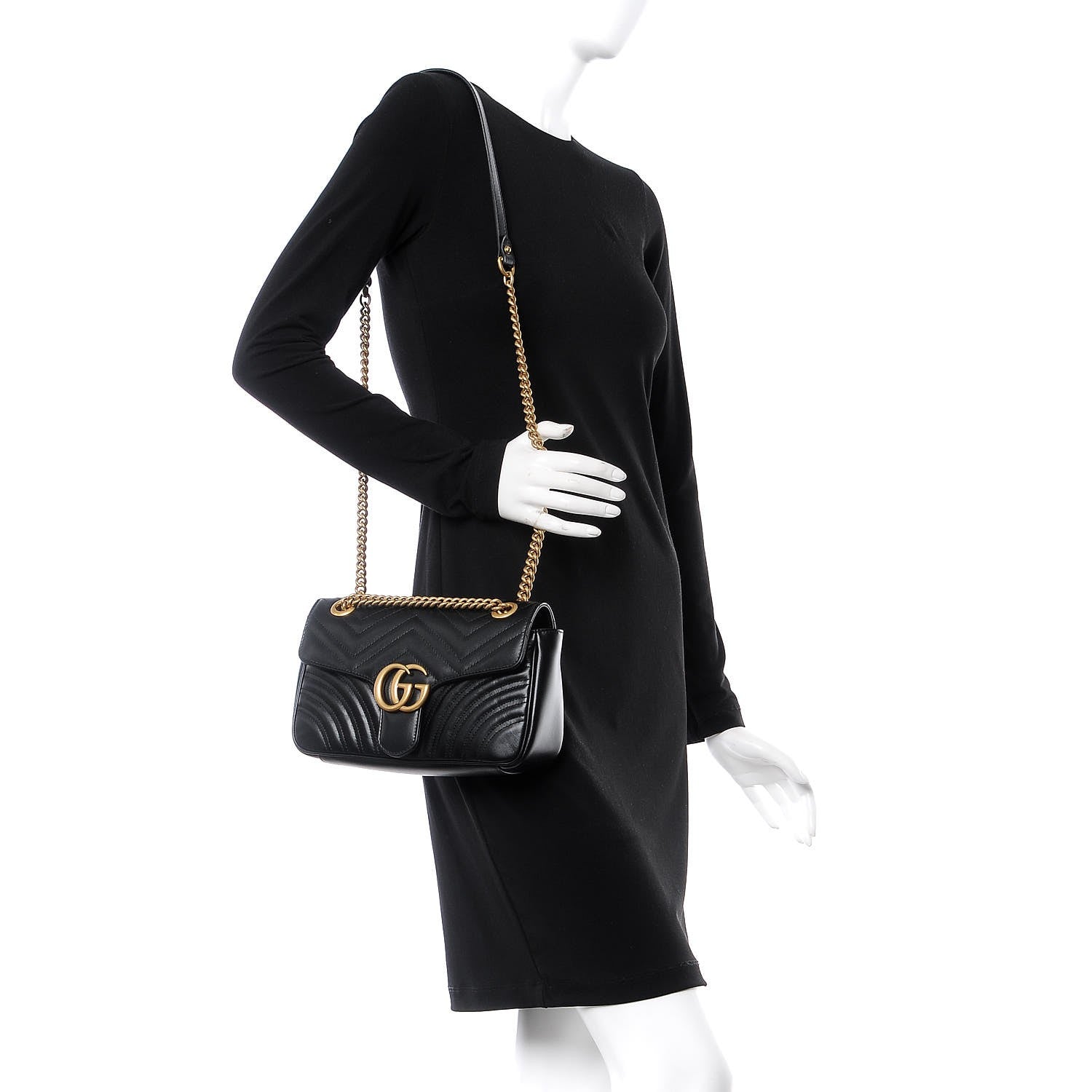 Gucci Calfskin Matelasse Small GG Marmont Shoulder Bag Black 2 of 8