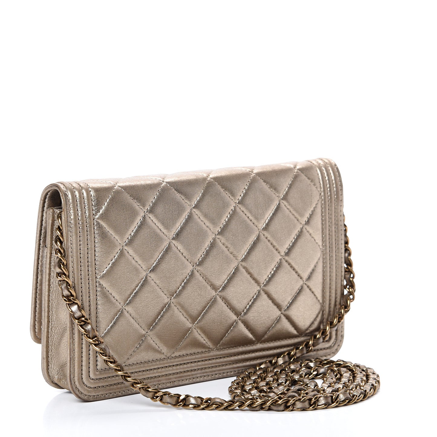 Metallic Calfskin Quilted Boy Wallet On Chain WOC Gold