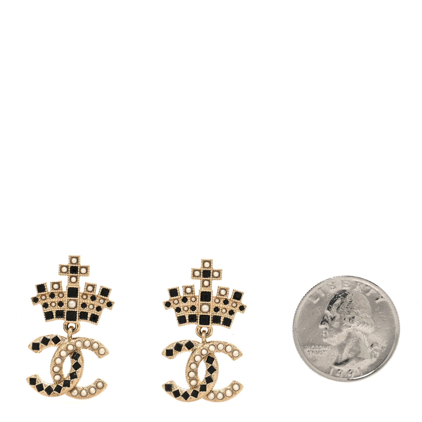 Resin Crystal Pearl CC Crown Drop Earrings Gold Black