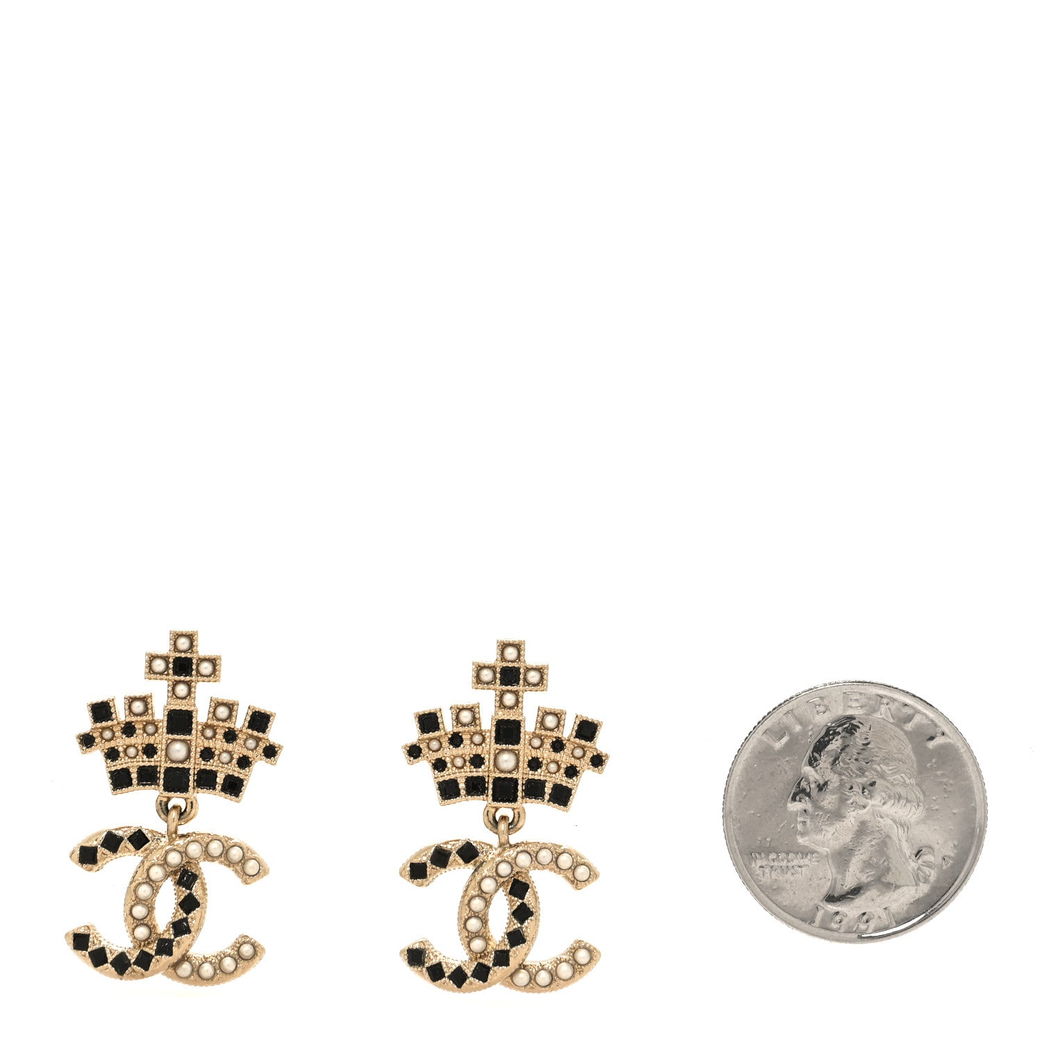Chanel Resin Crystal Pearl CC Crown Drop Earrings Gold Black 2 of 5