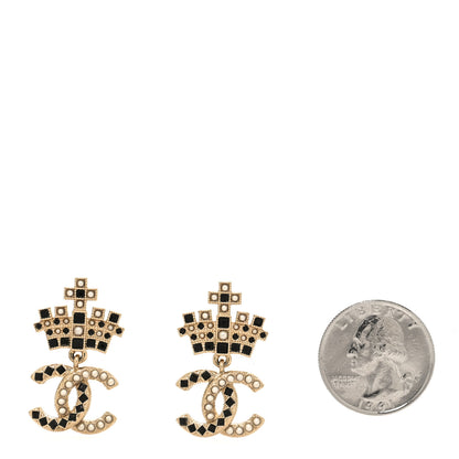 Chanel Resin Crystal Pearl CC Crown Drop Earrings Gold Black 2 of 5