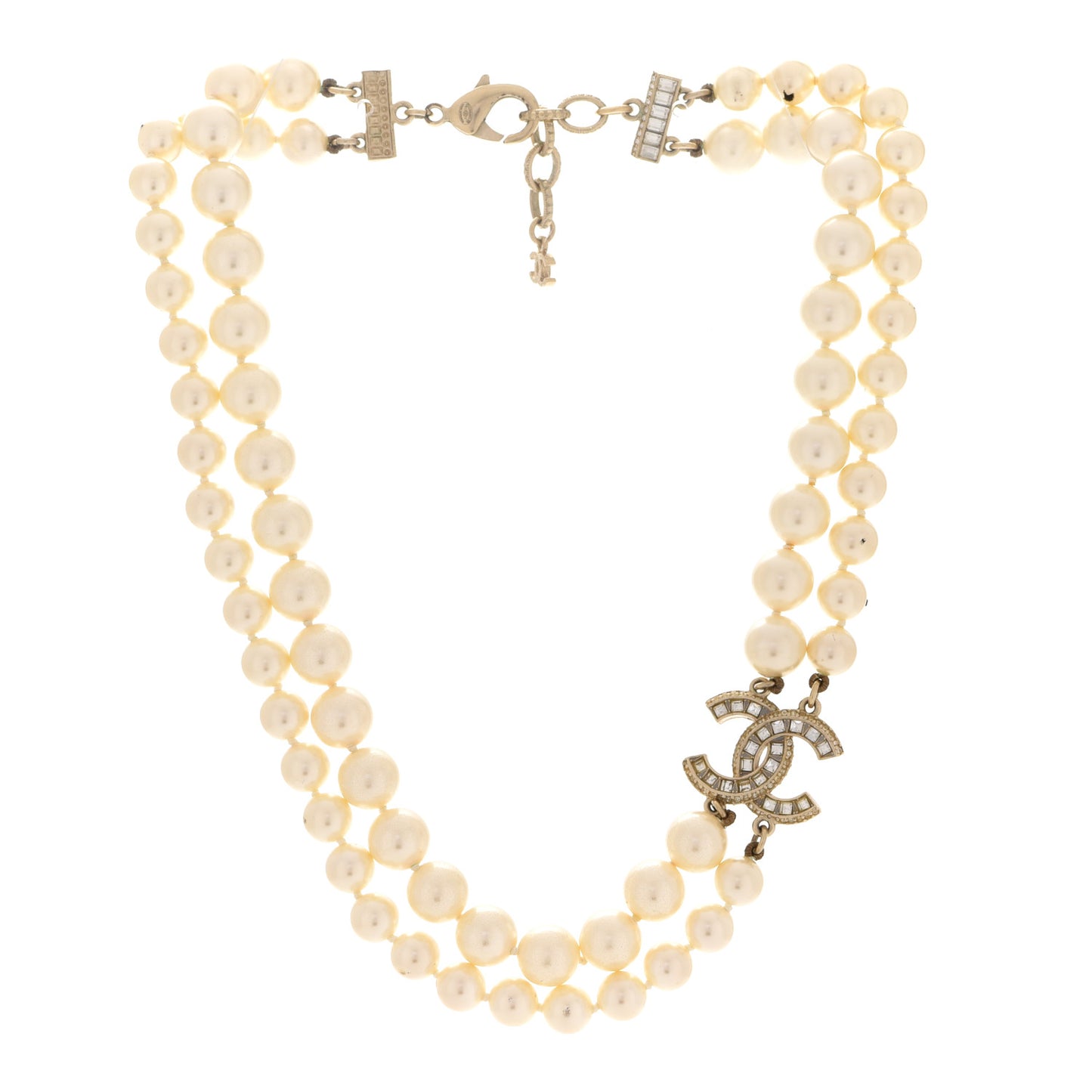 Baguette Crystal Pearl CC Double Strand Necklace Gold