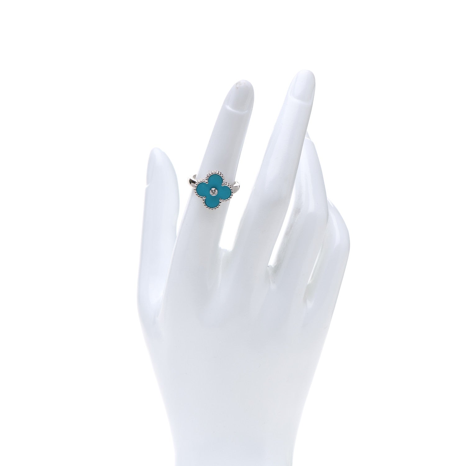Van Cleef & Arpels 18K White Gold Diamond Turquoise Vintage Alhambra Ring 51 5.75 2 of 4