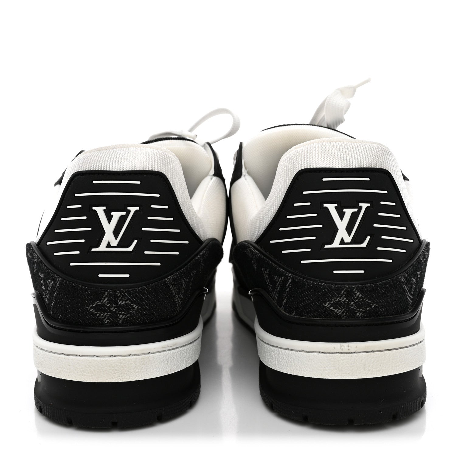 Louis Vuitton Calfskin Embossed Monogram Denim Mens LV Trainer Sneakers 10 Black 6 of 11