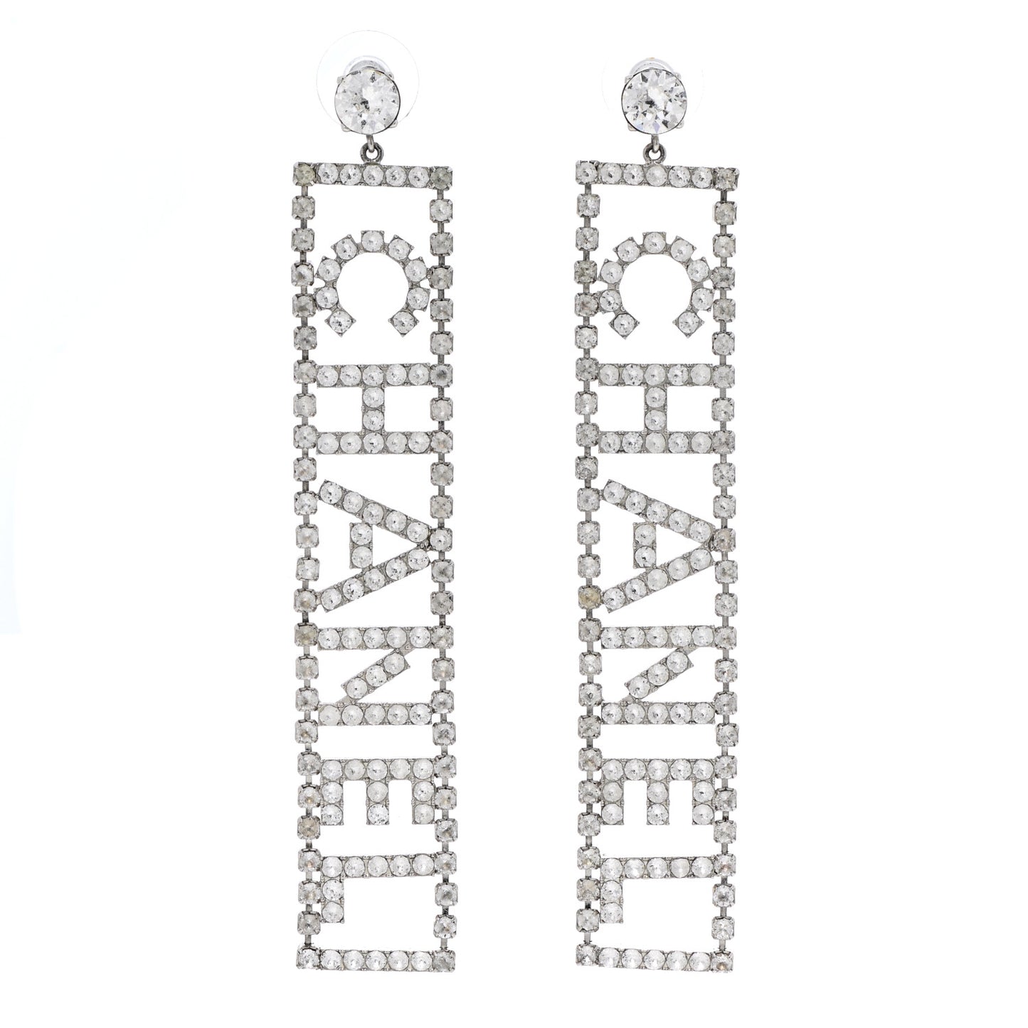 Crystal Chanel Logo Drop Earrings Silver