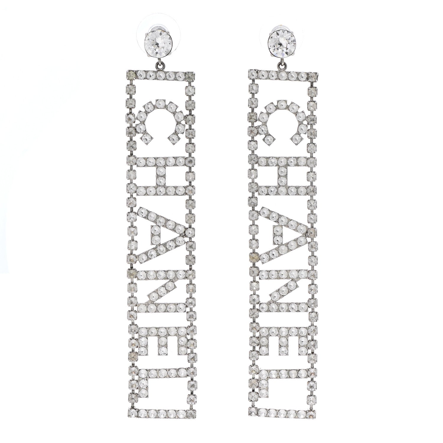 Chanel Crystal Chanel Logo Drop Earrings Silver 1 of 4