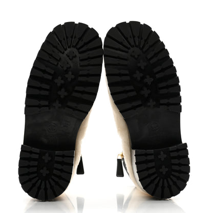 Chanel Shearling Lambskin Logo Ankle Boots 37 Ivory Black 5 of 9