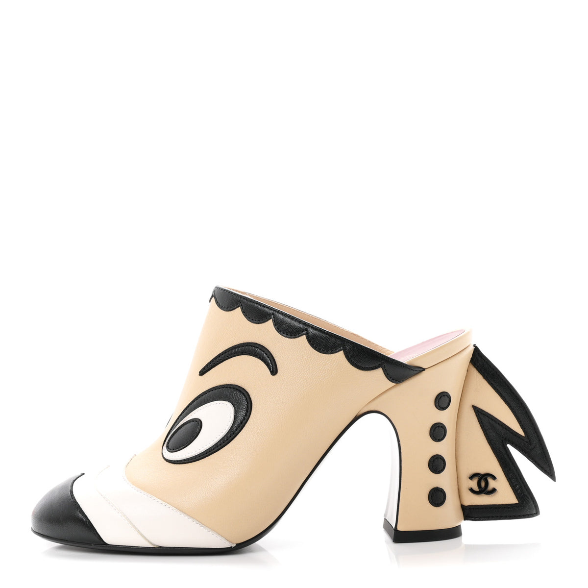 Chanel Lambskin Cartoon Cap Toe Mules 38 Beige Black White 1 of 10