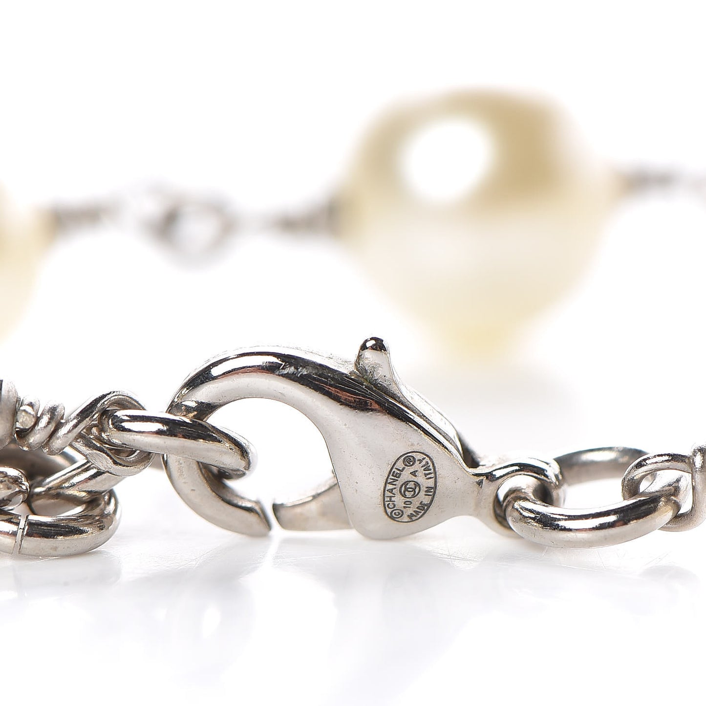 Graduated Pearl Crystal CC Long Necklace Silver