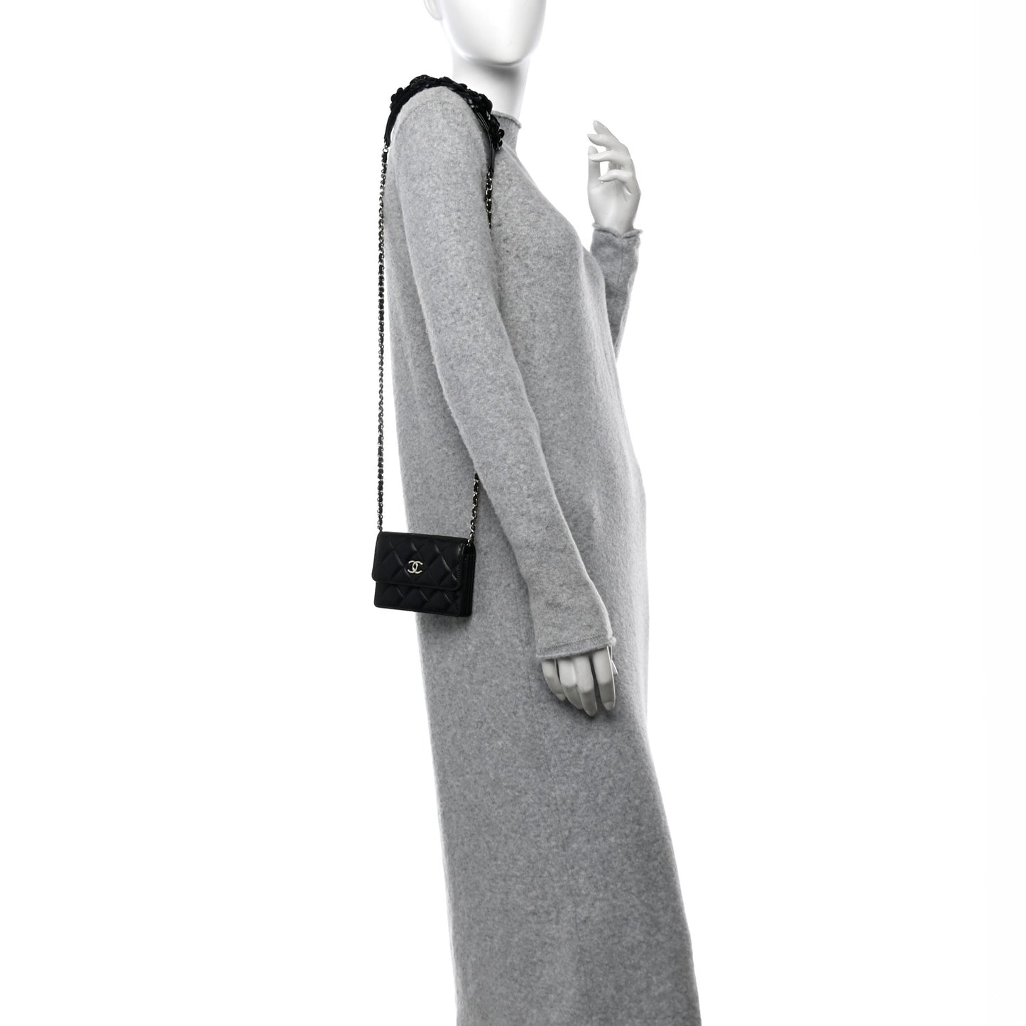 Lambskin Quilted Camellia Card Holder On Chain Black