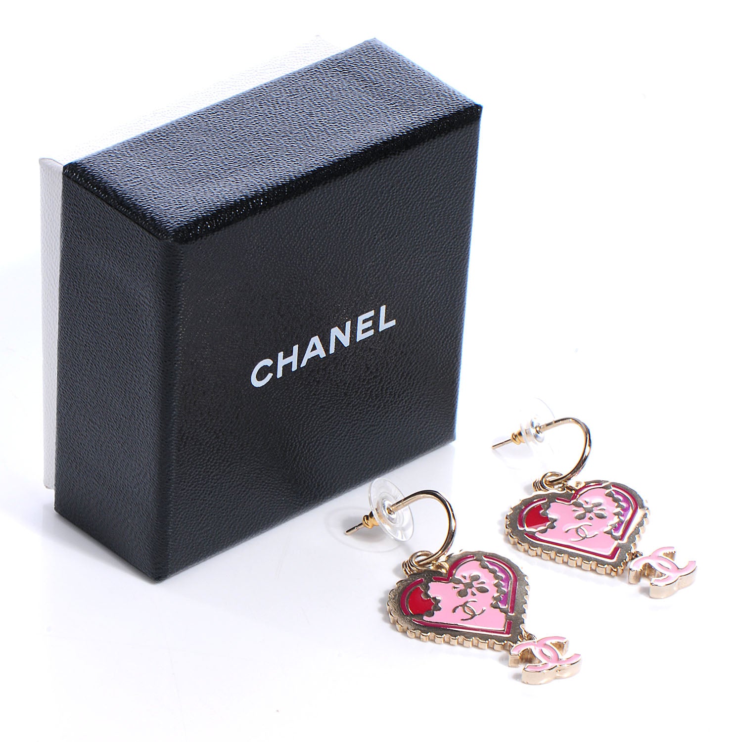 Chanel Enamel Valentine CC Heart Drop Earrings Pink Gold 3 of 6